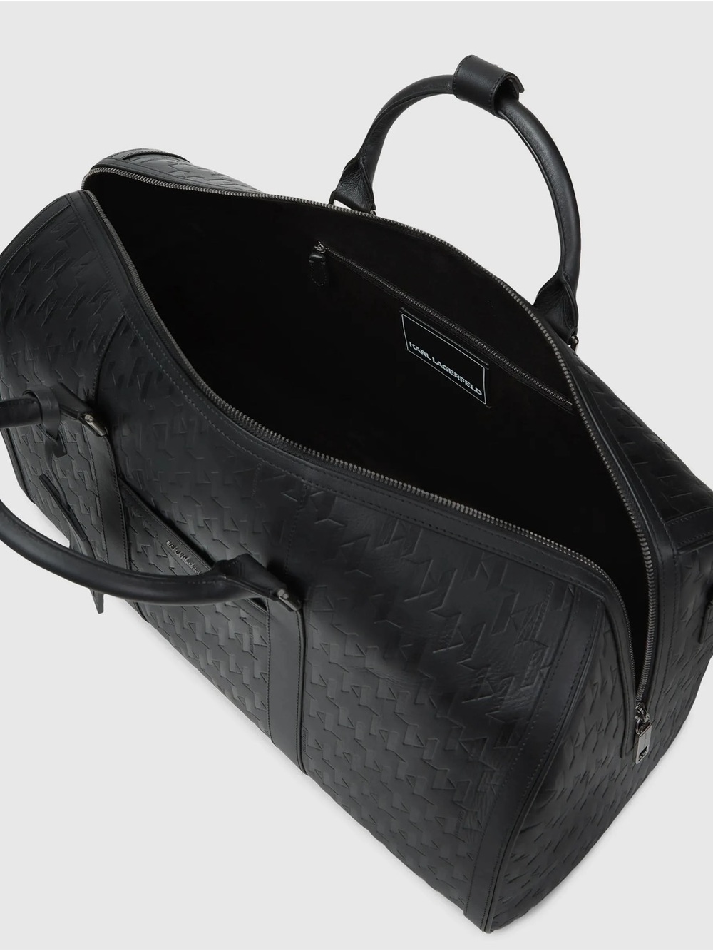 Men Karl Lagerfeld Black Embossed Leather Duffel with Detachable Strap